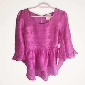 NEW - LINE & DOT - Gorgeous Pink Silk Ruffled Blouse with Peek-a-boo Back